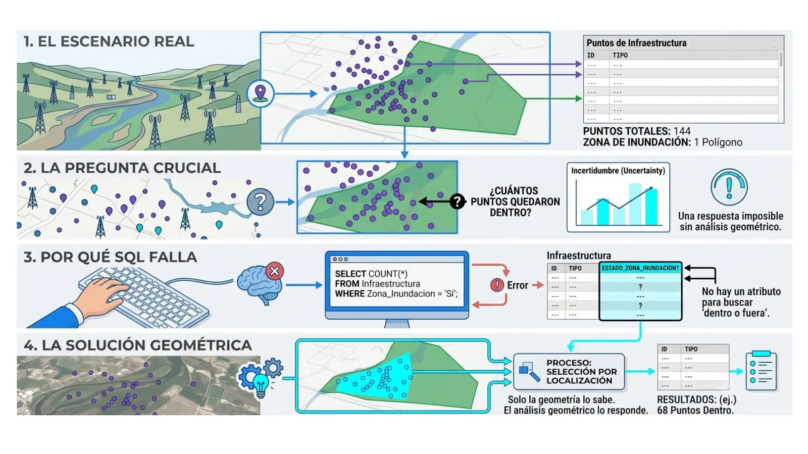 Escenario real: puntos de infraestructura y zona de inundación antes de aplicar la herramienta